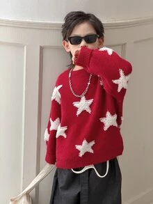Dazy Kids Young Boy Star Loose Crew Neck Pullover Casual Long Sleeve Autumn/Winter Sweater - Red - View 1