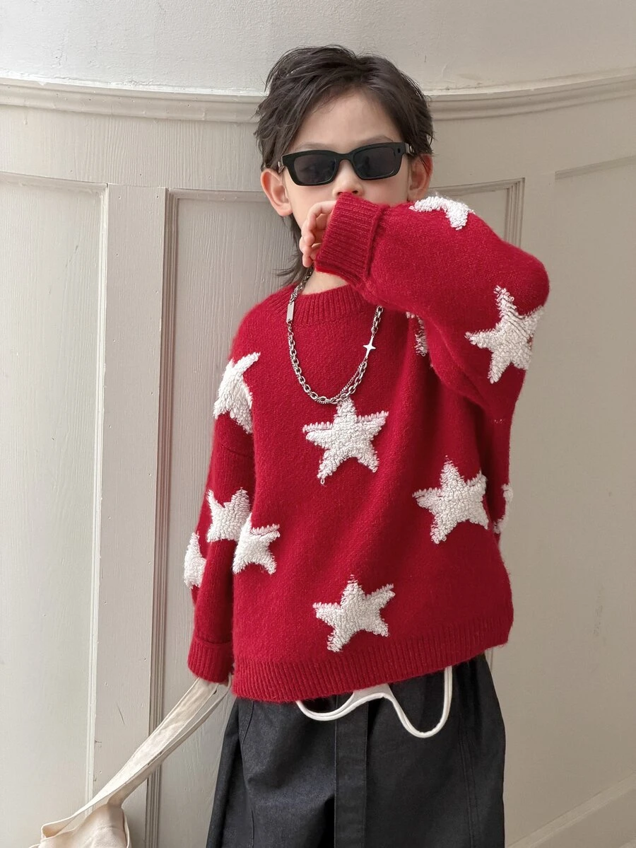 Dazy Kids Young Boy Star Loose Crew Neck Pullover Casual Long Sleeve Autumn/Winter Sweater - Red - View 1