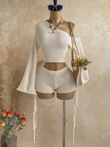 Soleia Women's Plus Size Apricot Asymmetric Shoulder Bell Sleeve Sweater And Knitted Shorts Set Fall - Apricot - View 3
