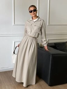 Livesso Setelan 2 Potong Jaket & Rok Kasual Musim Gugur untuk Wanita - Khaki - View 5