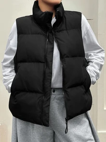 Dazy Plus Solid Color Casual Versatile Thermal Lined Thickened Autumn/Winter Sleeveless Vest Women's Padded Coat Jacket - Black - View 9