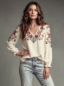 OPHERINE Women's Autumn Casual Floral Print Top - Apricot - View 5