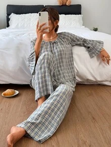 DAZY Women's Plaid Top And Pants Pajama Set Fall - Blue - View 6
