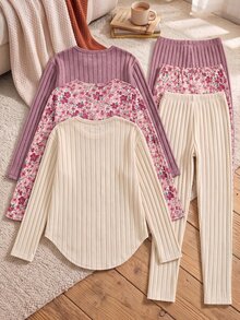SHEIN 少女 3 件套，溫柔復古風，花卉長袖上衣，修身長褲搭配純色羅紋紋理，小花刺繡上衣配圓弧下擺，寬鬆褲腿貼身剪裁，居家穿著，薄款春秋套裝，開學季 - 粉色 - 查看 2