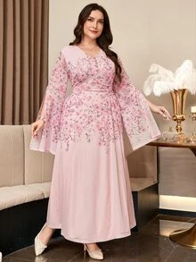 Reflora Plus Size Elegant Floral Print Party Dress - Pink - View 3