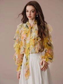 BELROSIE Áo blouse tay dài thanh lịch phong cách Âu Mỹ, thời trang mới thu đông, đa năng, in kỹ thuật số sợi kim tuyến, voan chiffon nhiều lớp bèo nhún thắt dây - Nhiều màu - Xem 5