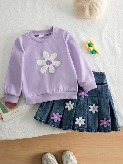 SHEIN Girls' Round Neck Knitted Long Sleeve Sweatshirt With 3D Floral Embroidery, Pullover Top And Denim Pleated Skirt Set, Autumn/Winter Fashion