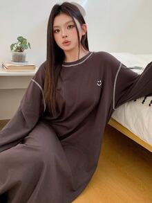 Dazy Plus Pattern Print Contrast Color Stitch Design T-Shirt Style Long Nightgown Loungewear Dress Fall - Brown - View 5