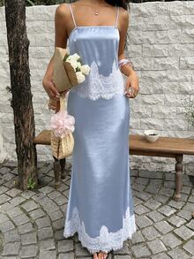 Sunnyshic Women's 2pcs Set Satin Camisole Top & Lace Long Skirt - Blue - View 5