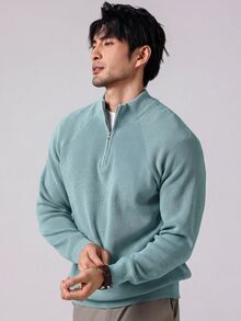 Manfinity Homme 男士休閒素色立領毛衣，秋冬款 - 藍色 - 查看 4
