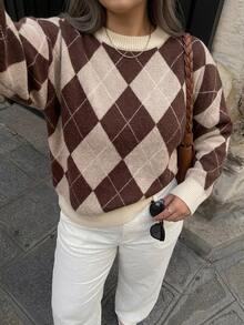 Dazy Plus Brown Colorblock Patchwork Argyle Loose Casual Versatile Pullover Sweater, Autumn/Winter - Brown - View 4