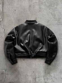 AXEPEAK Men's Solid Color PU Leather Jacket With Lapel Collar And Long Sleeves - Black - View 2