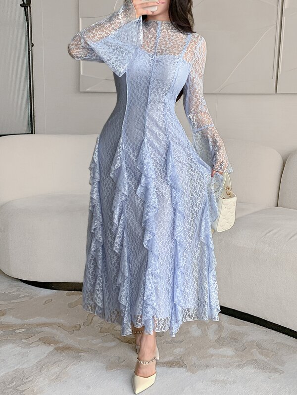 Feyla Neues Design romantisches mehrlagiges Rüschen-Glockenärmel-Kleid mit taillierter Taille, schlankmachend, elegant, romantisch, für Urlaub und Party