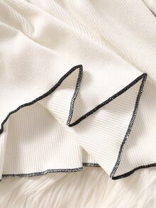 SHEIN Newborn Baby Girls A-Line Dress Sweet Elegant White Black 3D Bow Ribbed Frill Puff Sleeve Round Neck Birthday Party Autumn Winter Fall Soft Ribbing - Beige - View 6