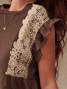 WESTFADE Lace Trim Tiered Ruffle Short Sleeve Babydoll Top Fall, Autumn, Female Country Look, Cowgirl Clothing, Western, Brunch, Basic, Cute Tops - Mocha Brown - View 6