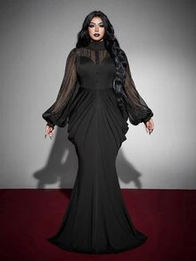 Whyspr Plus Size Black Fitted Long Sleeve Patchwork Halloween Long Dress For Women Fall - Black - View 3