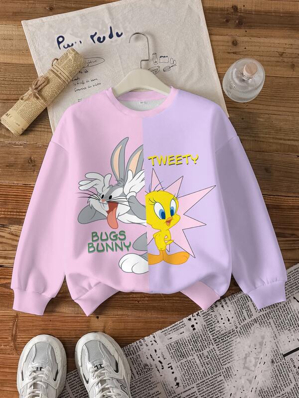LOONEY TUNES X SHEIN 青少年女孩秋冬休閒拼色拼接卡通印花衛衣
