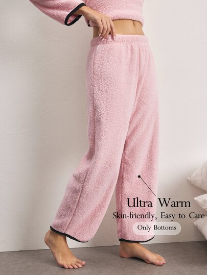 Ocili Women's Autumn/Winter Fashion Minimalist Comfortable Pink Plush Black Trim Contrast Color Long Pajama Pants