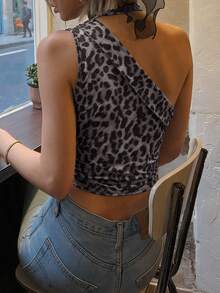Avenya Tank Top Tanpa Lengan Slim Fit Leher Halter Asimetris Motif Leopard Musim Semi/Panas, Kaos Pendek Wanita Slim Fit dengan Hem Asimetris - MultiWarna - View 4