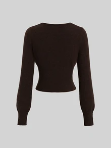 Sweetra Lazy Casual Ribbed Deep Coffee V-Neck Single-Breasted Sweater 2 Pieces Set - Coffee Brown - View 5