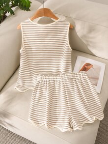 Story & Sage Casual Home Vacation Women's 2 Pieces Set Spring Summer Contrast Trim Striped Apricot White Sleeveless Tank Top And Shorts Set With Pockets - Multicolor - View 2