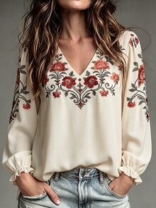 OPHERINE Women's Autumn Casual Floral Print Top - Apricot - View 1
