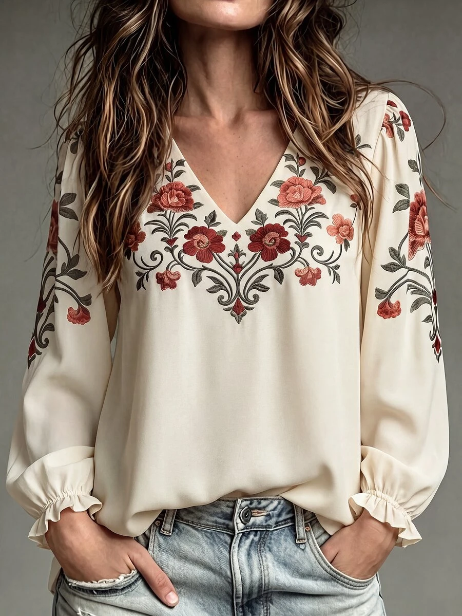 OPHERINE Women's Autumn Casual Floral Print Top - Apricot - View 1