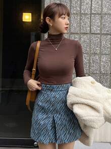 DAZY 女款修身保暖內裡高領套頭T恤 - 棕色 - 查看 6