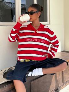 Muchica Women's Autumn/Winter New Casual Loose Red Striped Letter Embroidered Polo Collar Sweater - Red - View 5