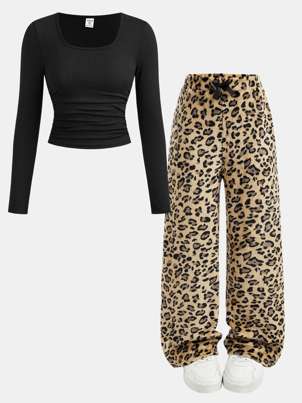 SHEIN Girlism طقم ملابس داخلية خريف/شتاء للفتيات المراهقات، تي شيرت أسود محبوك مضلع برقبة مربعة وأكمام طويلة مع بنطال فضفاض كاجوال بطبعة نمر وفيونكة ورباط شد من الفرو الناعم