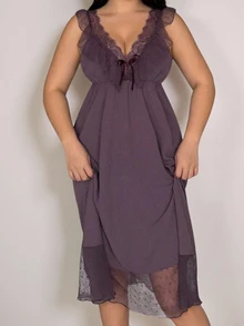 Dazy Plus Romantic Mesh & Lace Patchwork Ruffle Backless Camisole Nightgown - Purple - View 4