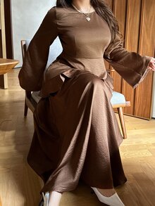 Dazy Plus Solid Color Fitted Waist Ruffle Trim Round Neck Long Sleeve A-Line Elegant Spring Autumn Dress - Brown - View 1