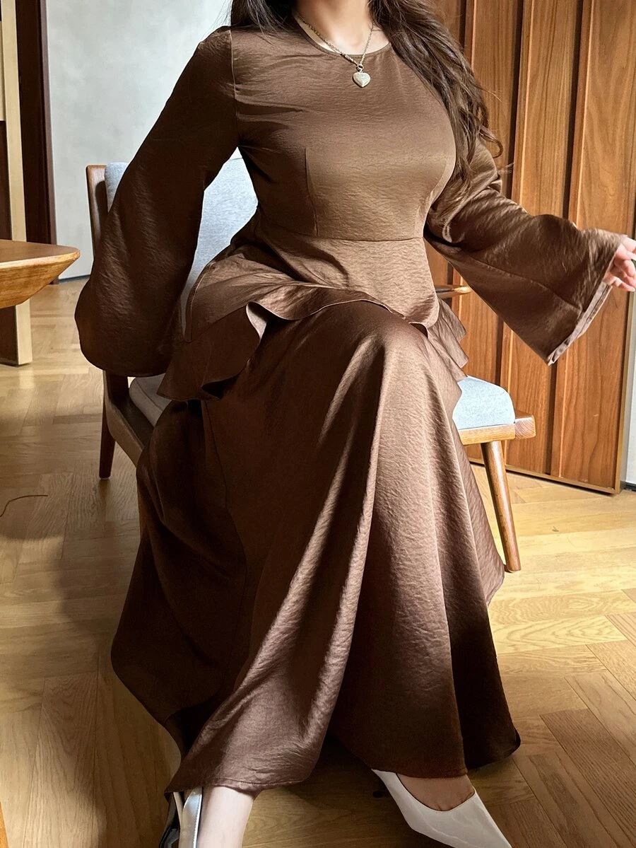 Dazy Plus Solid Color Fitted Waist Ruffle Trim Round Neck Long Sleeve A-Line Elegant Spring Autumn Dress - Brown - View 1