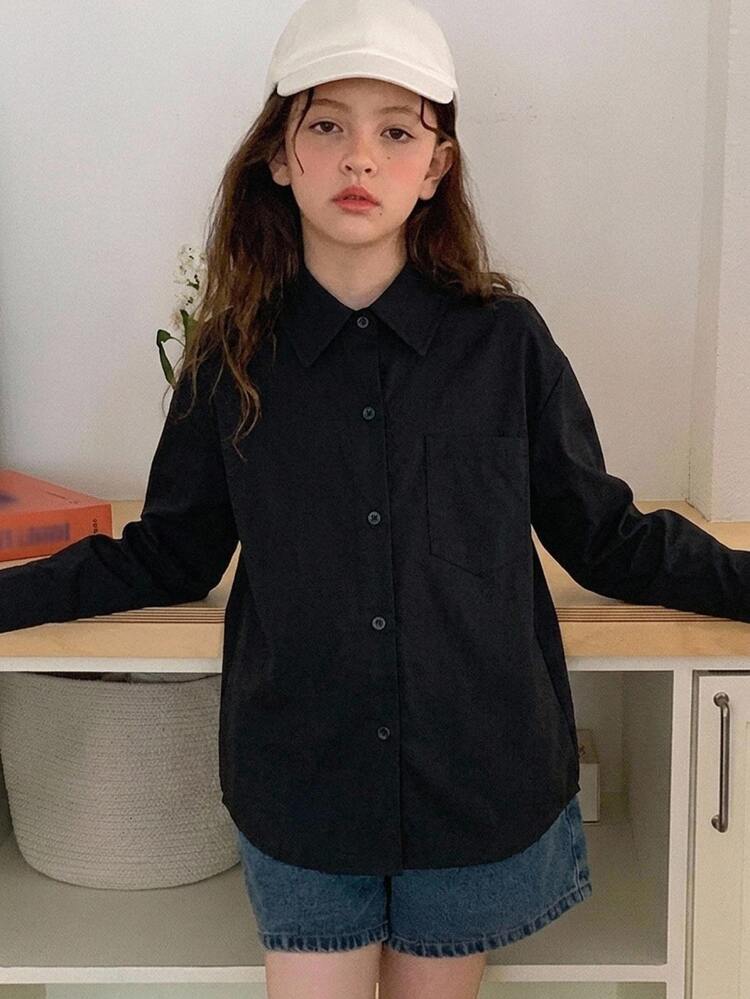 Hapijoa Tween Girl Fall Clothes Tween Girl) Lapel Short Sleeve Shirt Summer - Black - View 3