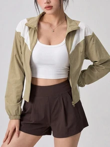 DAZY Colorblock Patchwork Front Zip-Up Sports Jacket Fall - Mint Green - View 2