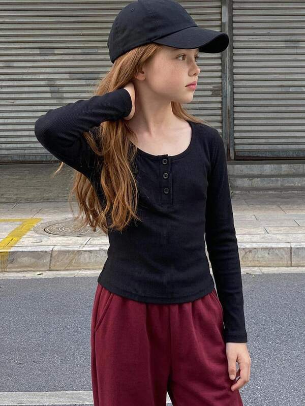 DAZY Tween Girl) Black Fitted Long Sleeve Half-Button Front Inner Layer Crew Neck T-Shirt, Autumn
