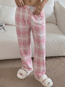 Napfluff 女款休閒粉色格紋印花腰帶標籤鬆緊腰直筒長款睡褲 - 淺粉色 - 查看 4