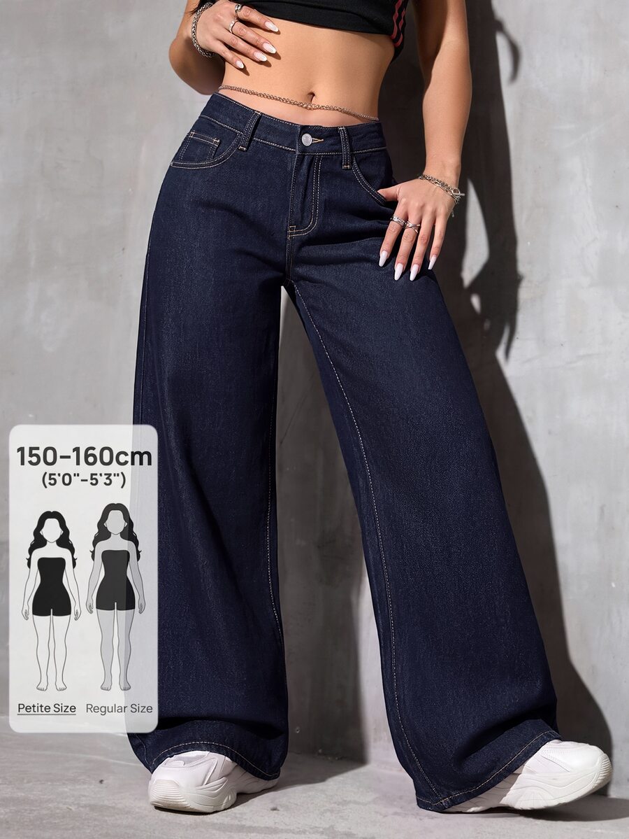 Jeanoix Petite Y2K Casual Washed Low Waist Wide Leg Women's Denim Jeans - Dark Wash - View 1