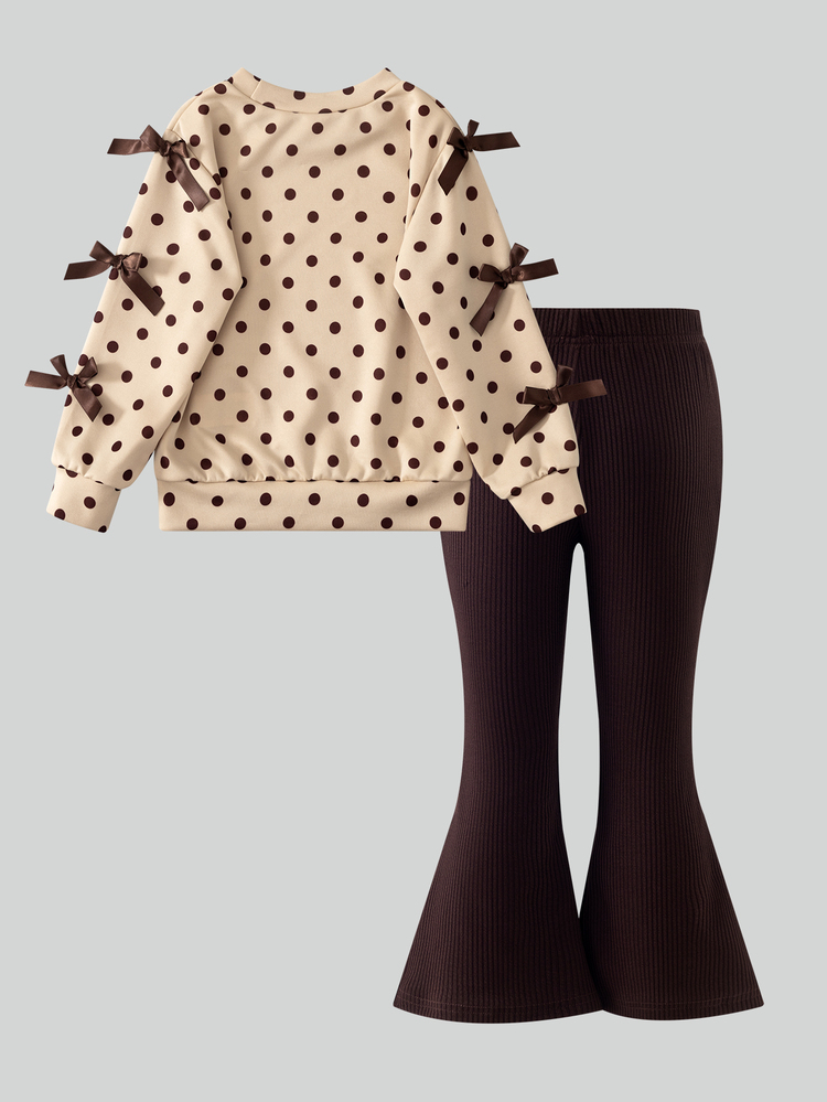 SHEIN Girls Little Polka Dot Sweatshirt 2 Piece Set Fall Top Is Black Polka Dot Crew Neck Long Sleeve Sweatshirt With Brown Bows On Both Sleeves Bottom Is D - Khaki - View 5
