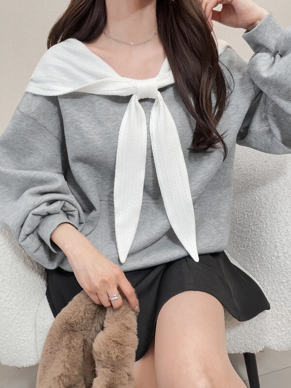 FRIFUL Women's Versatile Lace-Up Contrast Color Long Sleeve Hooded Sweatshirt With Pockets School Teacher Grey Summer Preppy Casual Cute Tops