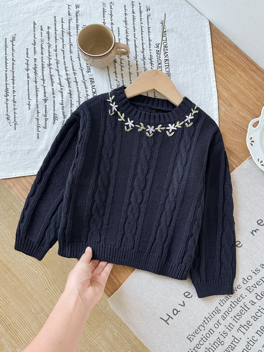 SHEIN 女童手工刺繡麻花針織落肩短版套頭毛衣,柔軟舒適,適合日常穿著、外出、旅行、度假、居家、玩耍、萬聖節與聖誕節 - 藏蓝色 - 查看 1