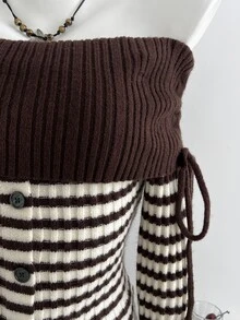 Elamini Women's Autumn/Winter Casual Colorblock Striped Off-Shoulder Sweater - Khaki - View 5
