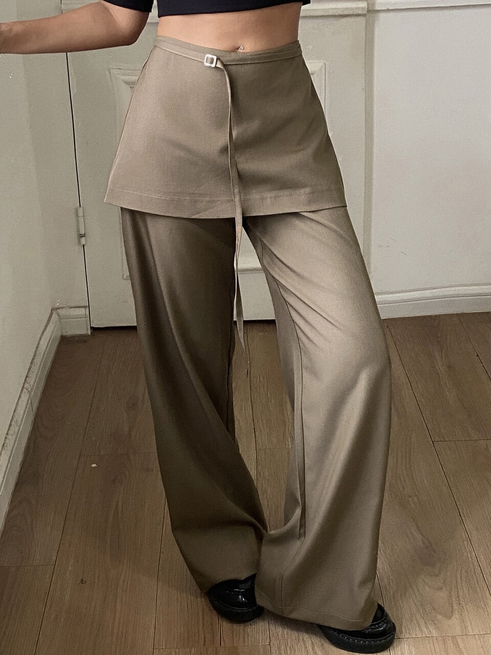 Solid Color Loose Fit 2 In 1 Long Pants With Belt, Elegant Formal Vacation Spring Autumn Women's Trousers