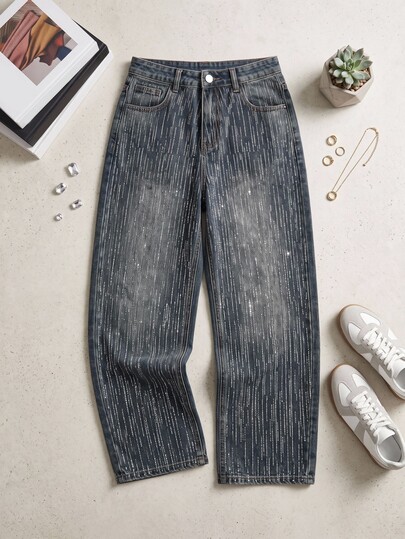 Dazy Plus Full Rhinestone Korean Style Shiny Distressed Versatile Heavy-Duty Spring/Autumn Jeans