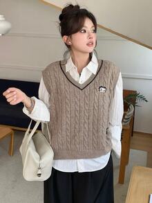 Betty Boop x DAZY Curve Solid Color Pullover V-Neck Sweater Vest, Layered Preppy Casual Style For Spring And Autumn - Khaki - View 7