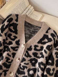 CosyJoli Women's Versatile Vintage Leopard Print Button-Up Knit Cardigan - Khaki - View 3