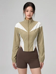 DAZY Colorblock Patchwork Front Zip-Up Sports Jacket Fall - Mint Green - View 8