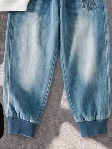 Tween Boys Sweatshirt Set Denim Effect Tie Dye Dark Blue Crew Neck Digital Print Long Sleeve Paired With Long Pants For School Active Autumn Winter - Multicolor - View 5