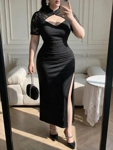 Vibekara Fashionable Cheongsam Collar Lace Patchwork Long High Slit Dress - Black - View 4