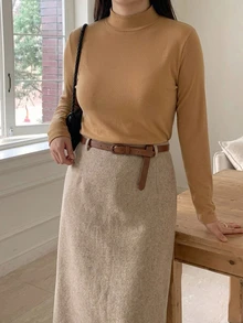 Dazy Plus Solid Color Casual Plus Size Thermal Lined Thickened Mock Neck Versatile Layering Long Sleeve Yellow Autumn/Winter T-Shirt - Yellow - View 6